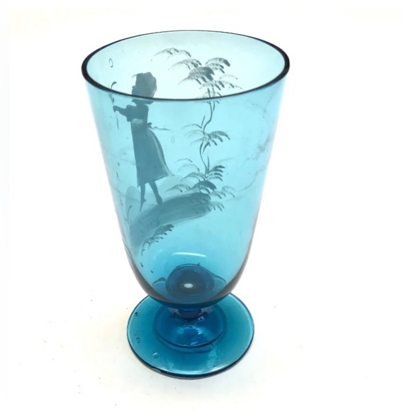 Vintage Hand Painted Glass Azure Blue Stemware Drinking Goblet With Girl - Picture 3 of 6